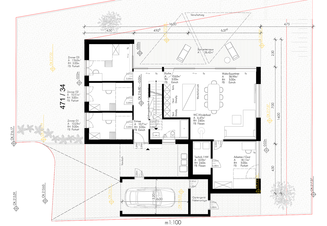 Architektur, Neubau, Einfamilienhaus, Staffelgeschoss, Grundriss, Erdgeschoss, Planzeichnung, Plan, Zeichnung